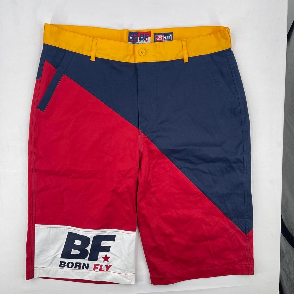 Vintage Y2K Born Fly Men's Cargo Bermuda Long Shorts 40 Colorblock Streetwear